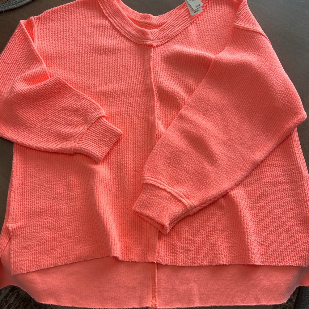 Neon Coral Knit Top - oversized v-neck - crinkle material